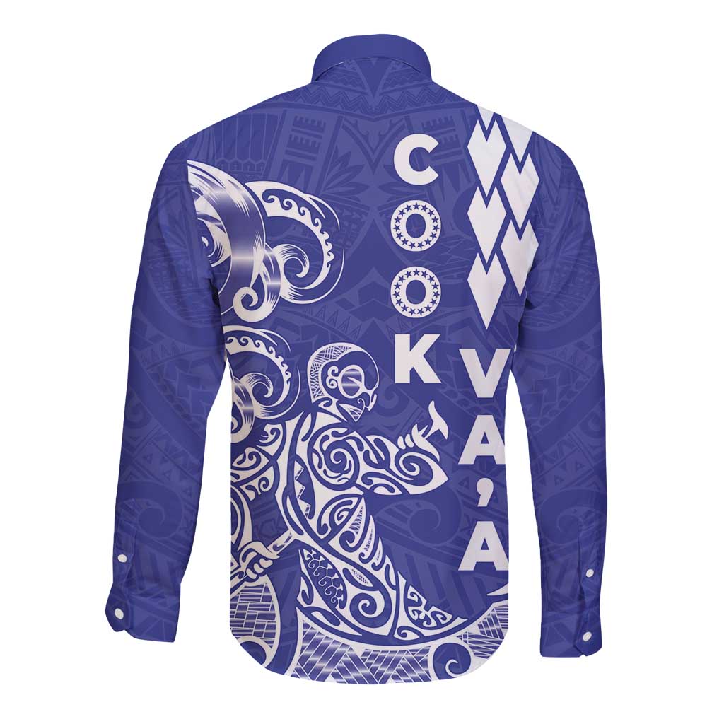 Cook Islands Vaa Polynesian Art Tattoo Long Sleeve Button Shirt Blue Color