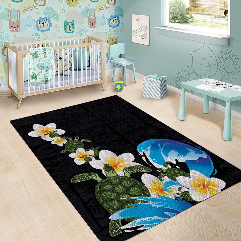 Hawaiian Plumeria and Turtle Area Rug with Polynesian Tribal Art Pattern Vintage Vibes