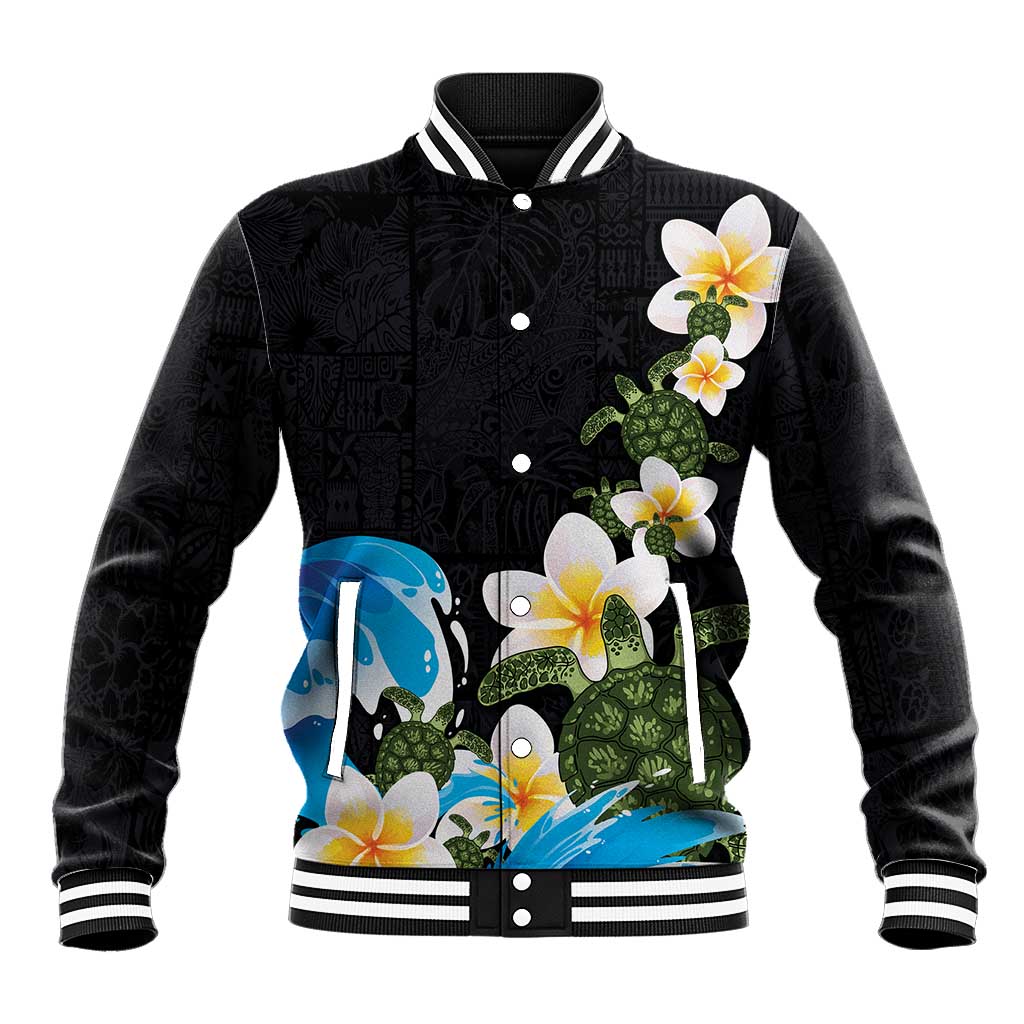 Hawaiian Plumeria and Turtle Baseball Jacket with Polynesian Tribal Art Pattern Vintage Vibes