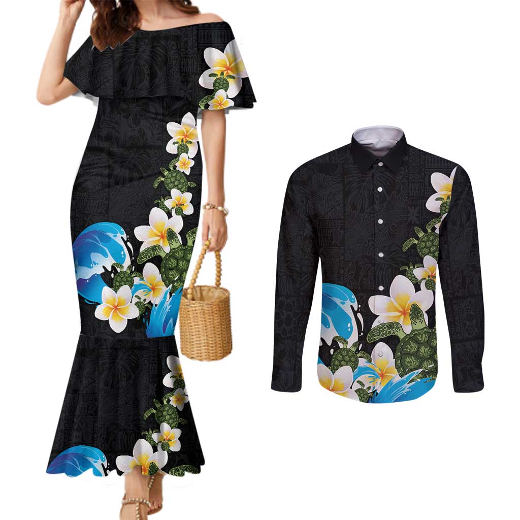 Hawaiian Plumeria and Turtle Couples Matching Mermaid Dress and Long Sleeve Button Shirt with Polynesian Tribal Art Pattern Vintage Vibes