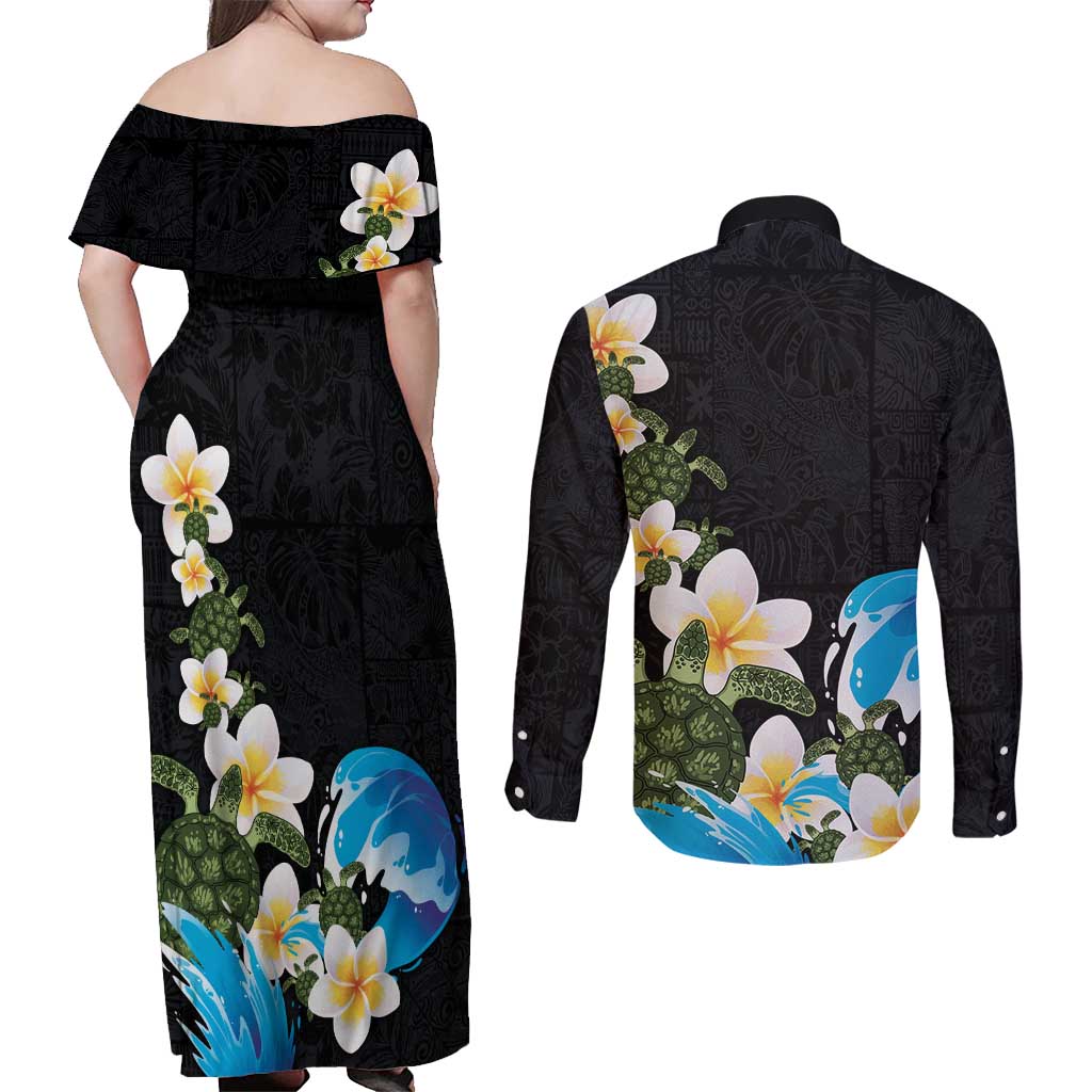 Hawaiian Plumeria and Turtle Couples Matching Off Shoulder Maxi Dress and Long Sleeve Button Shirt with Polynesian Tribal Art Pattern Vintage Vibes