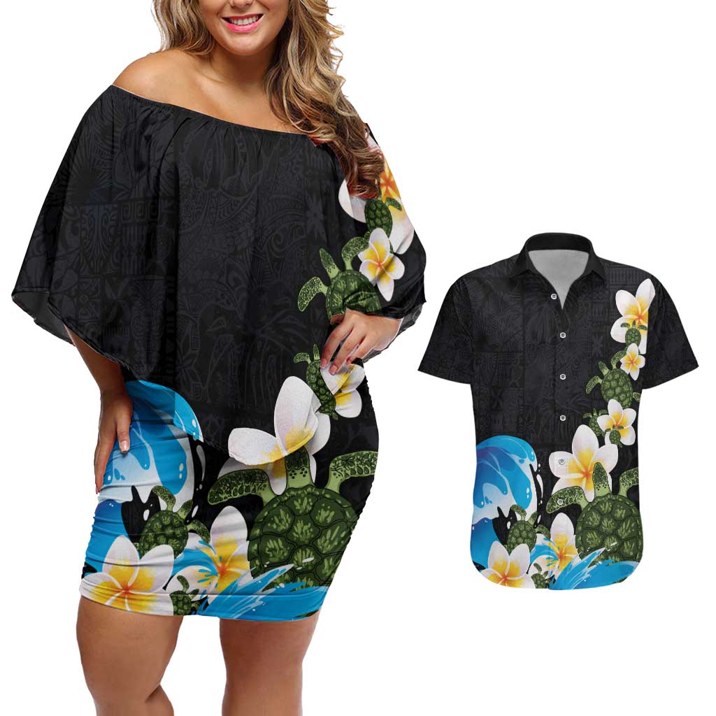 Hawaiian Plumeria and Turtle Couples Matching Off Shoulder Short Dress and Hawaiian Shirt with Polynesian Tribal Art Pattern Vintage Vibes