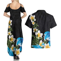 Hawaiian Plumeria and Turtle Couples Matching Summer Maxi Dress and Hawaiian Shirt with Polynesian Tribal Art Pattern Vintage Vibes