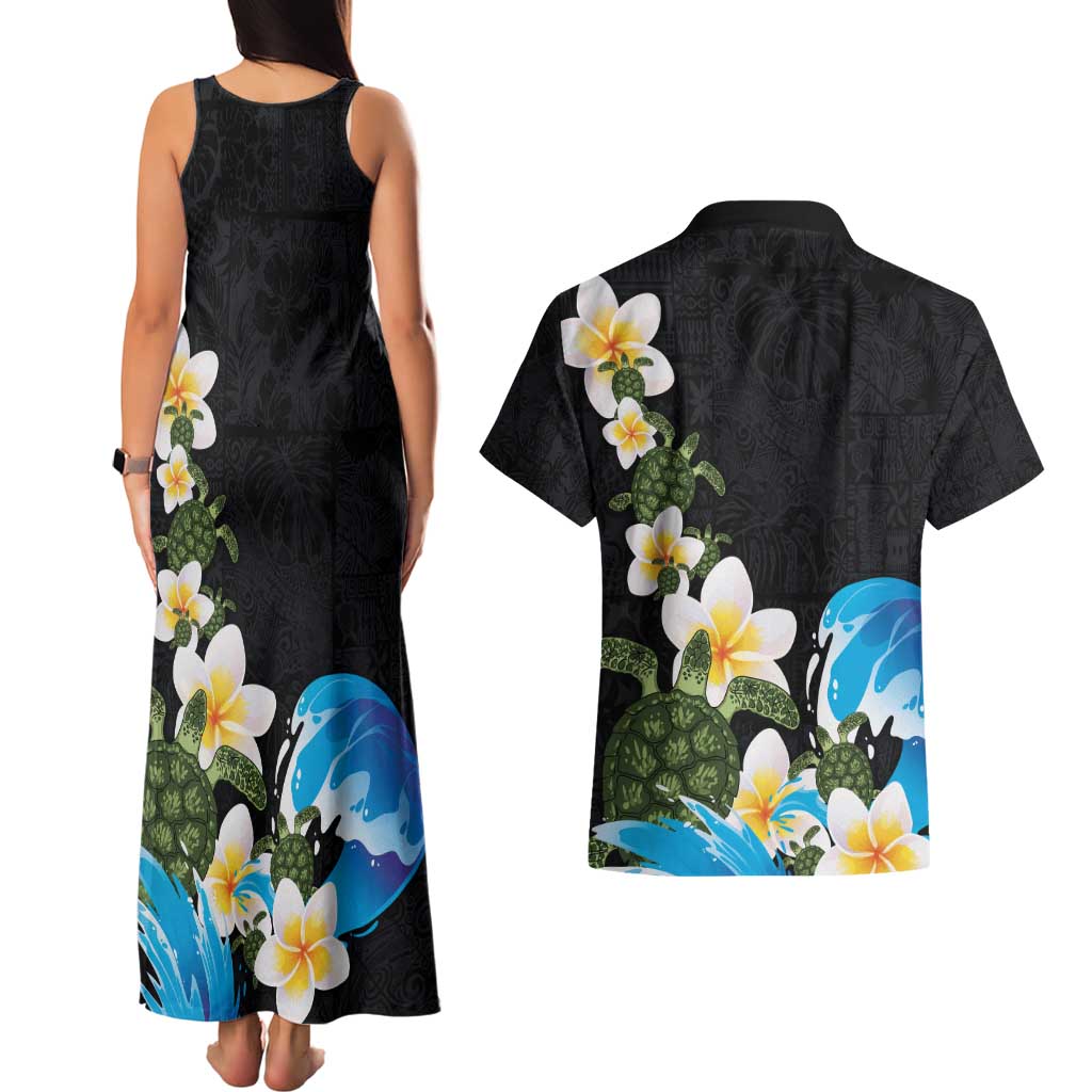 Hawaiian Plumeria and Turtle Couples Matching Tank Maxi Dress and Hawaiian Shirt with Polynesian Tribal Art Pattern Vintage Vibes