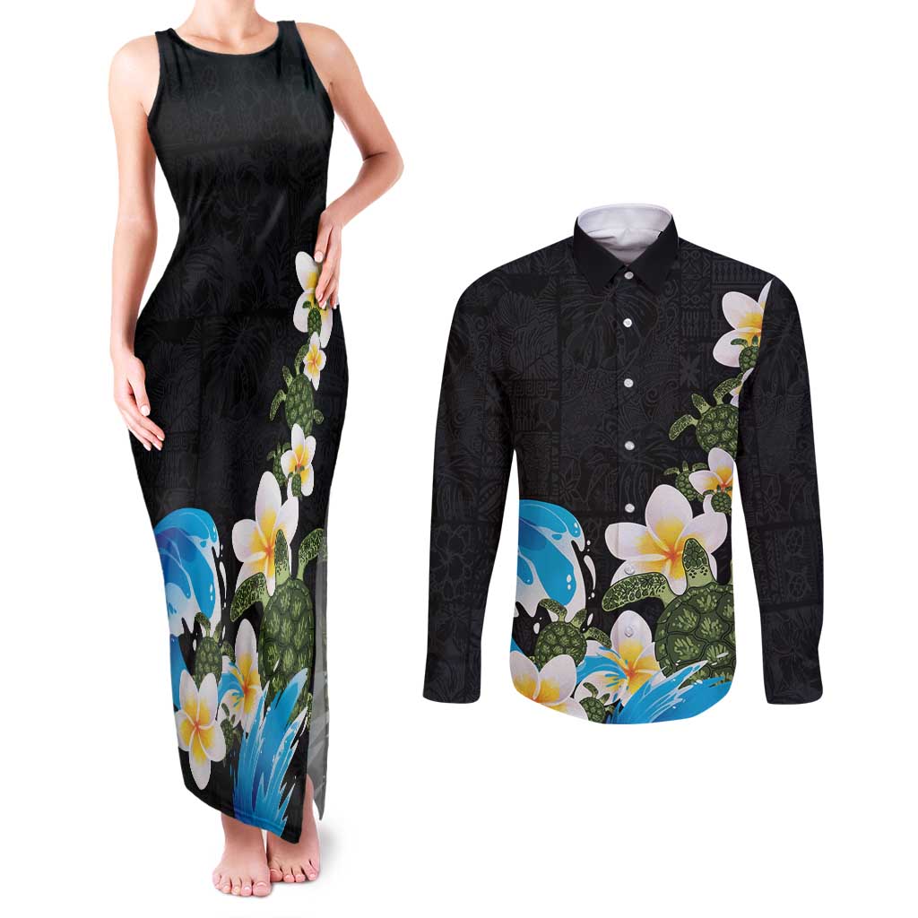Hawaiian Plumeria and Turtle Couples Matching Tank Maxi Dress and Long Sleeve Button Shirt with Polynesian Tribal Art Pattern Vintage Vibes
