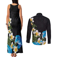 Hawaiian Plumeria and Turtle Couples Matching Tank Maxi Dress and Long Sleeve Button Shirt with Polynesian Tribal Art Pattern Vintage Vibes