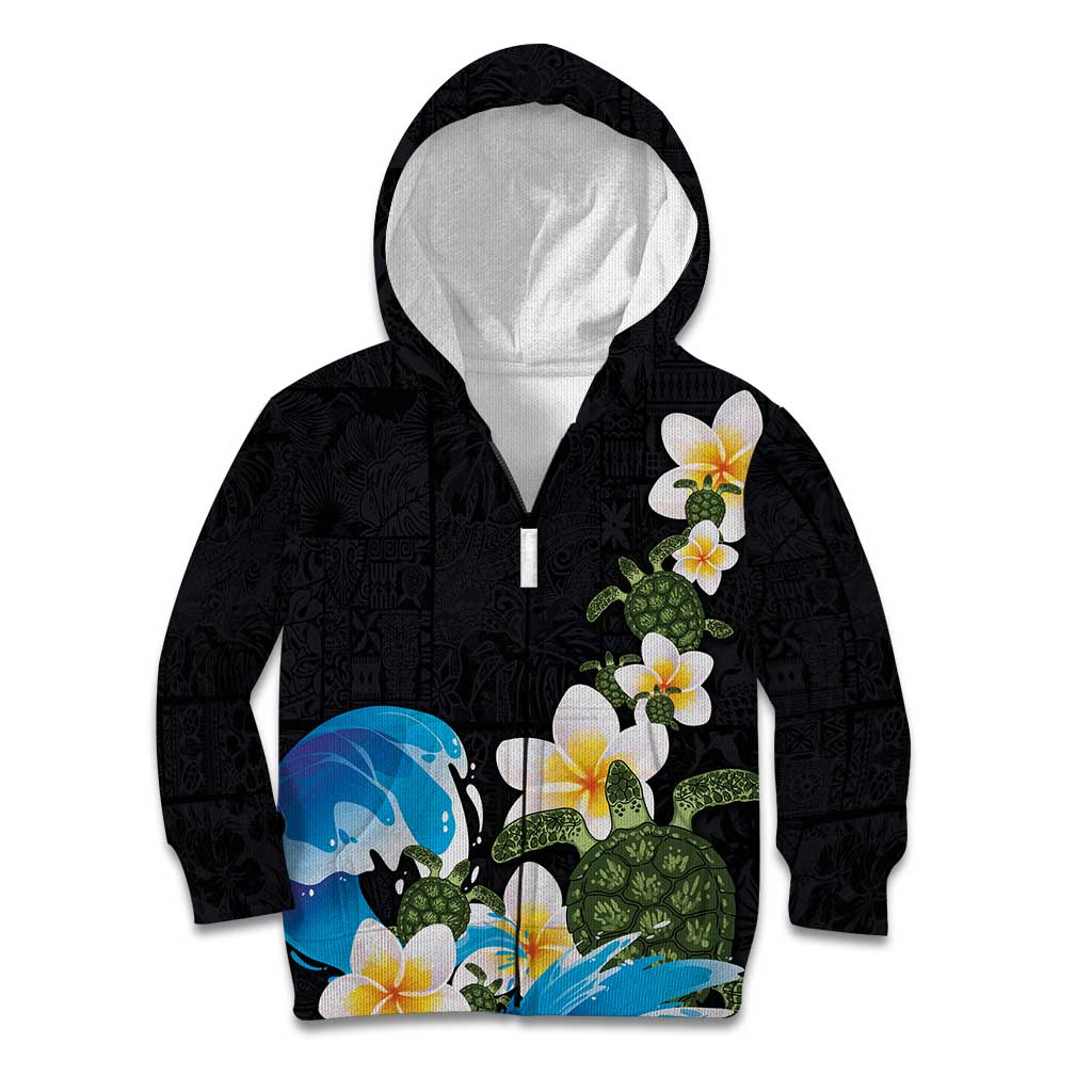 Hawaiian Plumeria and Turtle Kid Hoodie with Polynesian Tribal Art Pattern Vintage Vibes LT03 Zip Hoodie Black - Polynesian Pride