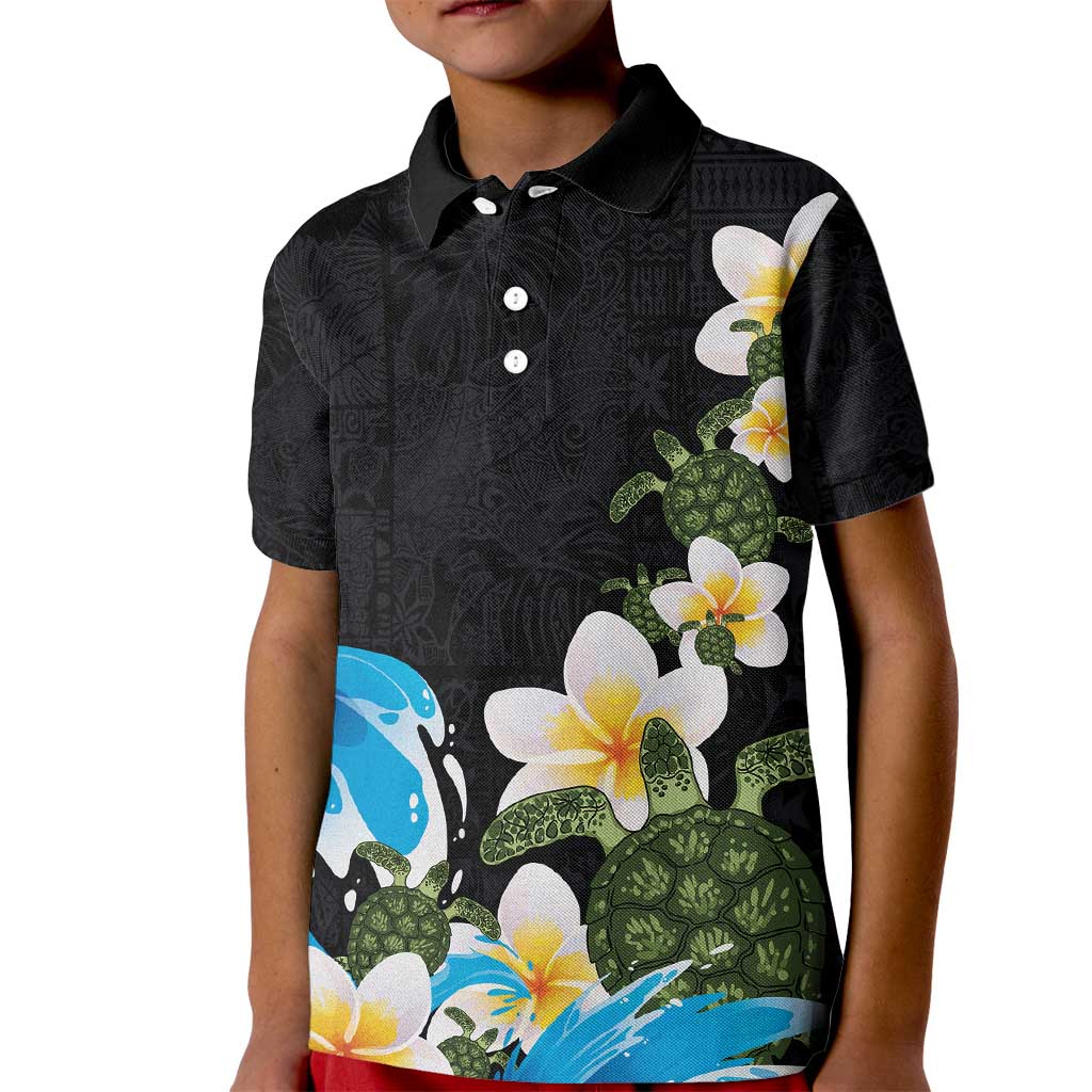 Hawaiian Plumeria and Turtle Kid Polo Shirt with Polynesian Tribal Art Pattern Vintage Vibes LT03 Kid Black - Polynesian Pride