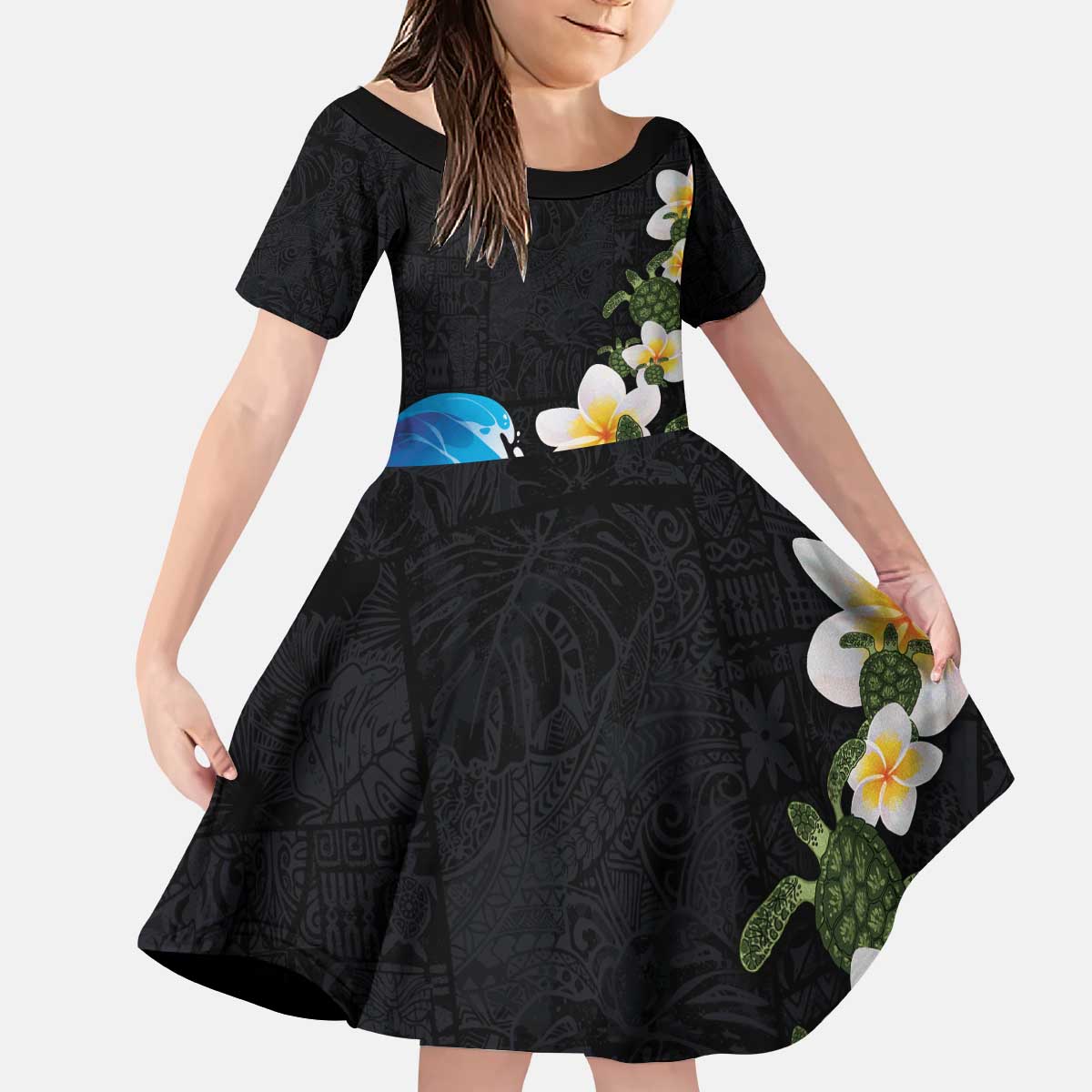 Hawaiian Plumeria and Turtle Kid Short Sleeve Dress with Polynesian Tribal Art Pattern Vintage Vibes LT03 KID Black - Polynesian Pride
