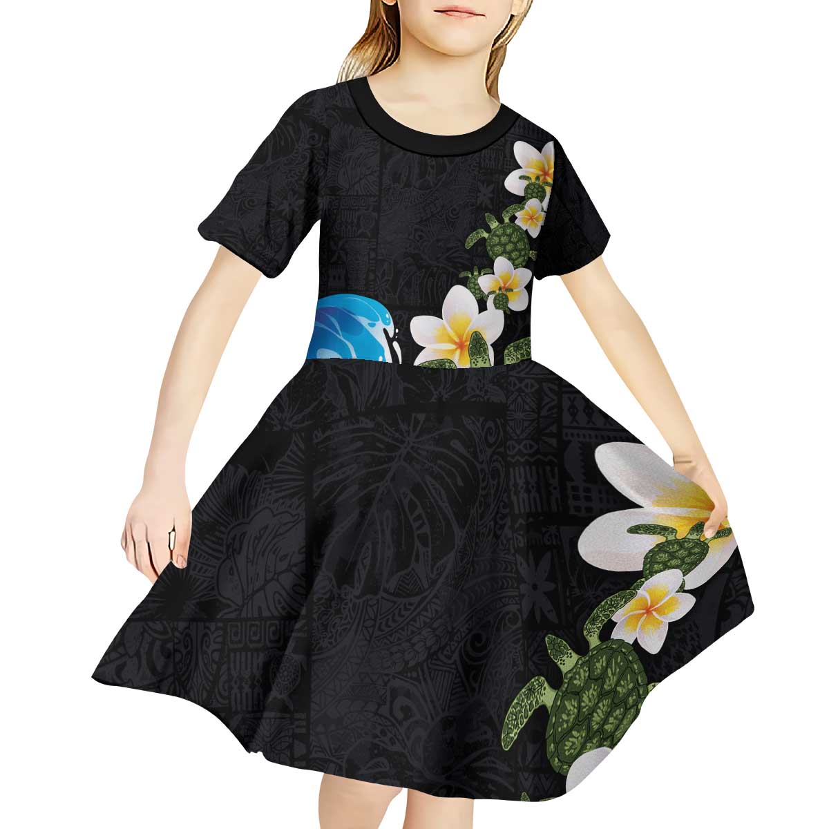 Hawaiian Plumeria and Turtle Kid Short Sleeve Dress with Polynesian Tribal Art Pattern Vintage Vibes LT03 - Polynesian Pride
