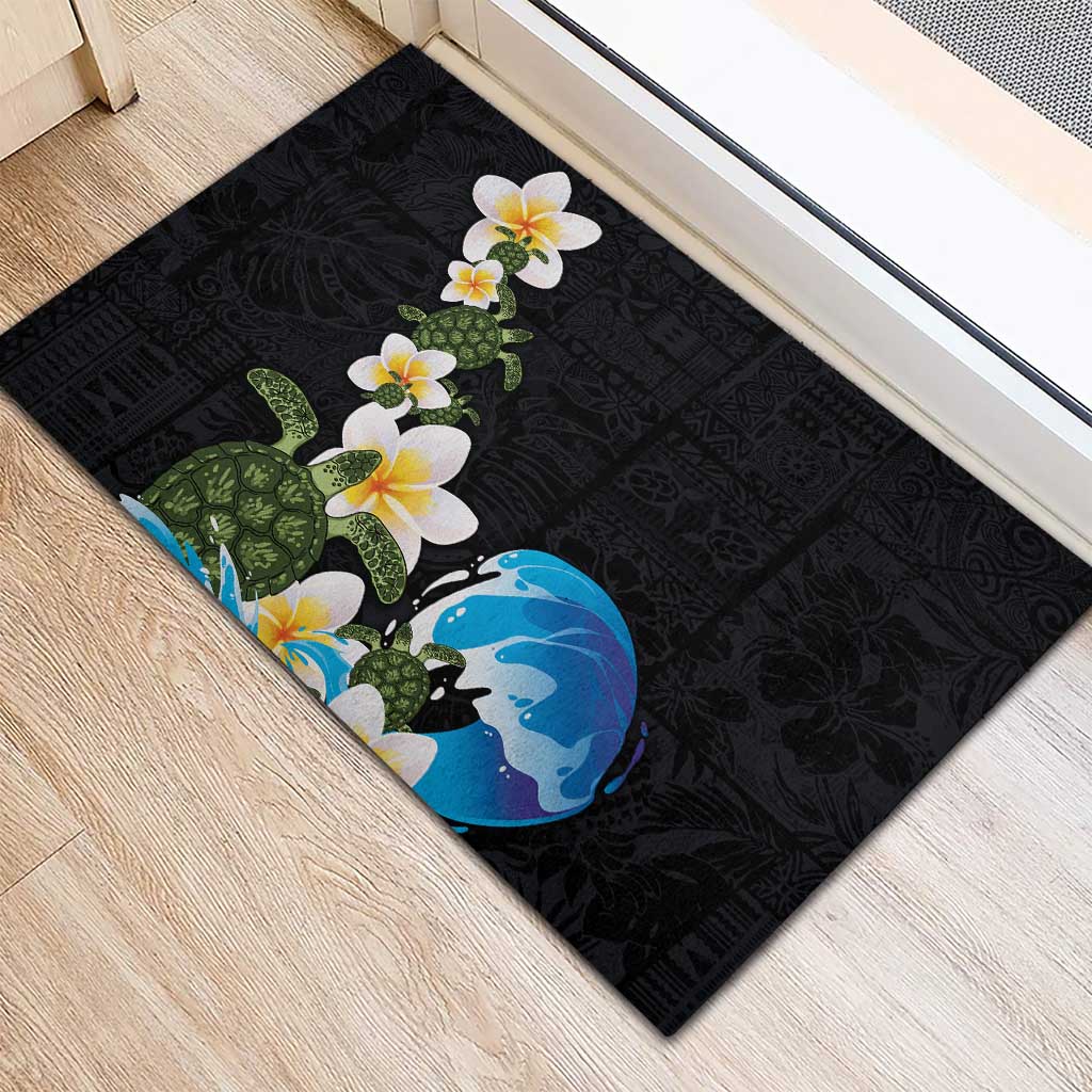 Hawaiian Plumeria and Turtle Rubber Doormat with Polynesian Tribal Art Pattern Vintage Vibes
