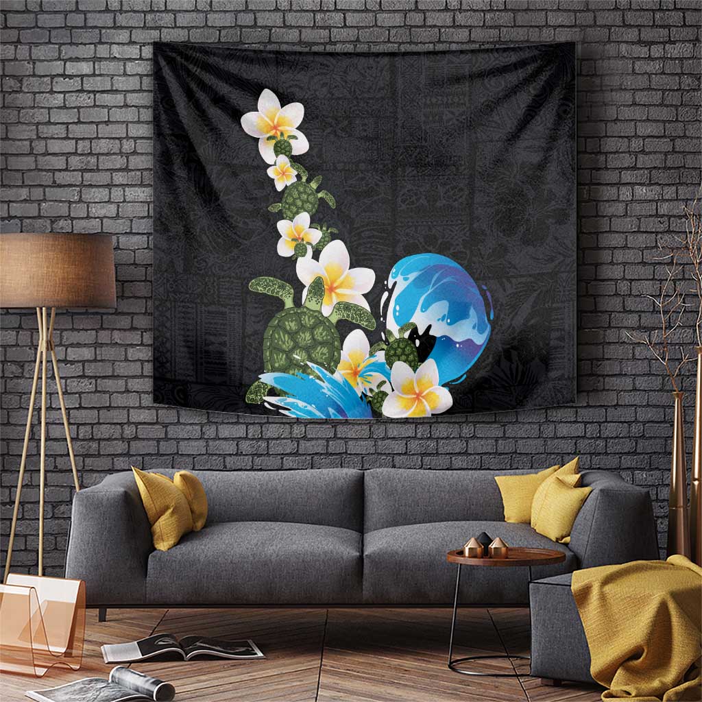 Hawaiian Plumeria and Turtle Tapestry with Polynesian Tribal Art Pattern Vintage Vibes LT03 Black - Polynesian Pride