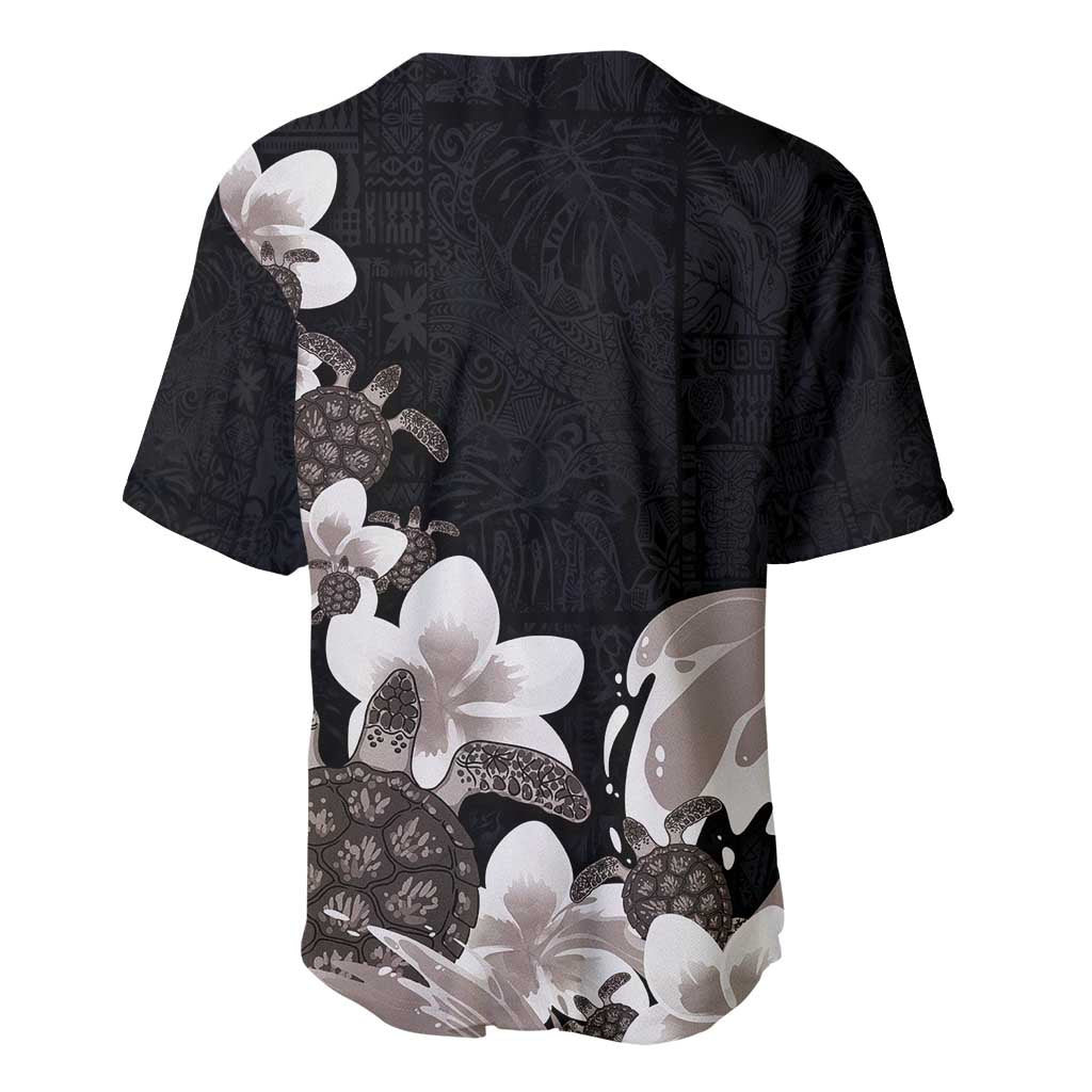 Hawaiian Plumeria and Turtle Baseball Jersey with Polynesian Tribal Art Pattern Grayscale Color LT03 - Polynesian Pride