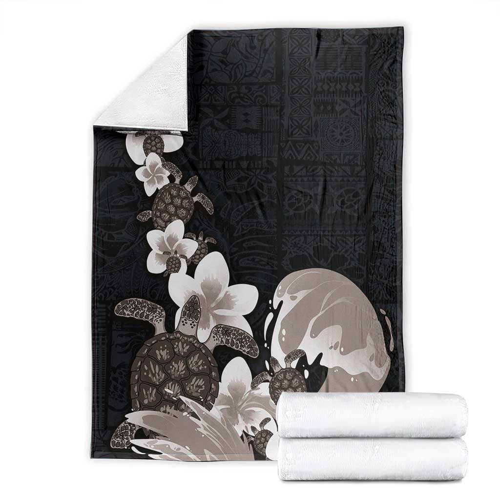 Hawaiian Plumeria and Turtle Blanket with Polynesian Tribal Art Pattern Grayscale Color