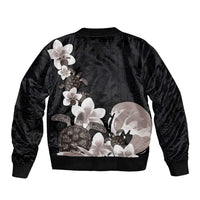 Hawaiian Plumeria and Turtle Bomber Jacket with Polynesian Tribal Art Pattern Grayscale Color