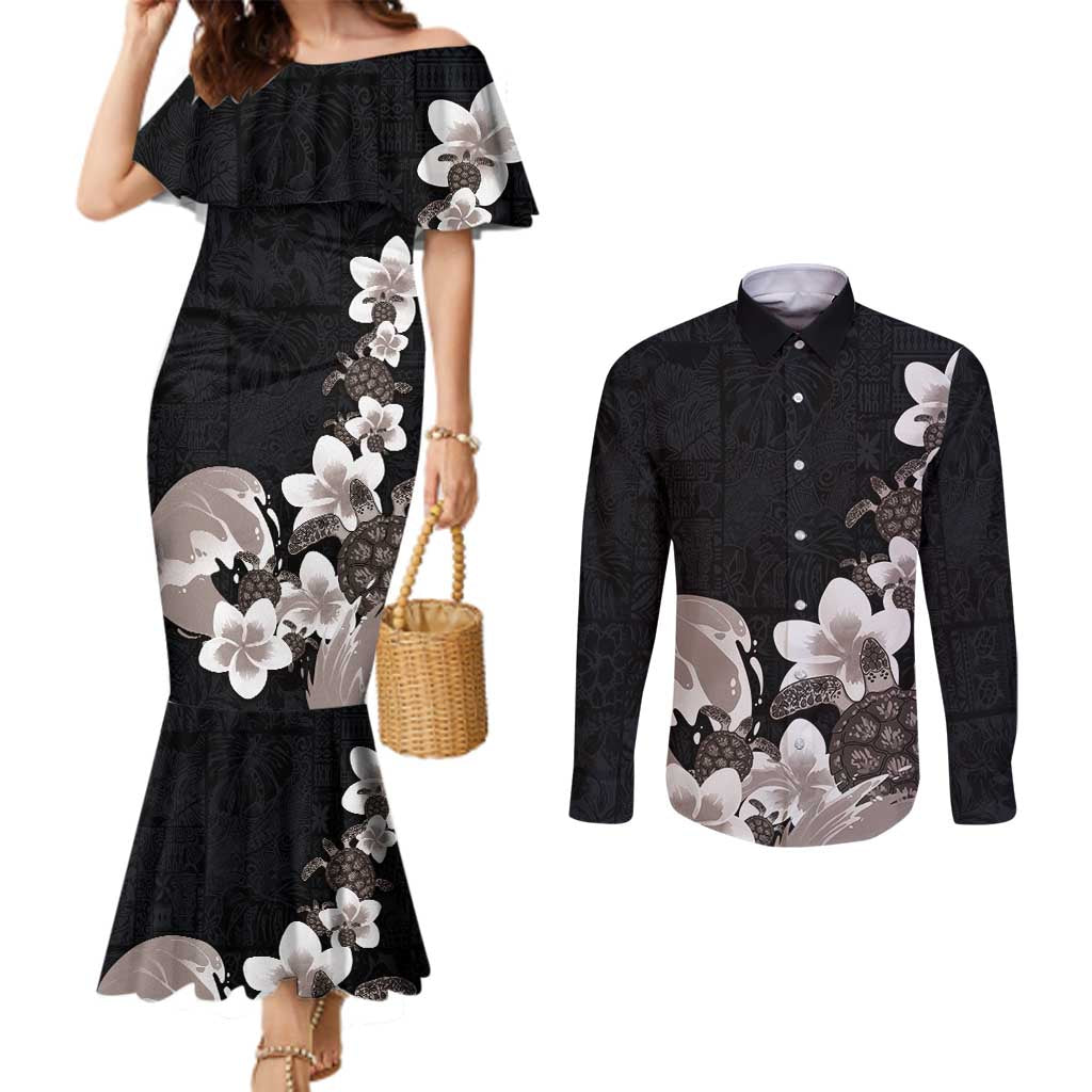 Hawaiian Plumeria and Turtle Couples Matching Mermaid Dress and Long Sleeve Button Shirt with Polynesian Tribal Art Pattern Grayscale Color