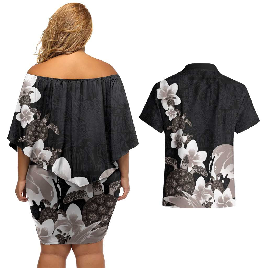 Hawaiian Plumeria and Turtle Couples Matching Off Shoulder Short Dress and Hawaiian Shirt with Polynesian Tribal Art Pattern Grayscale Color