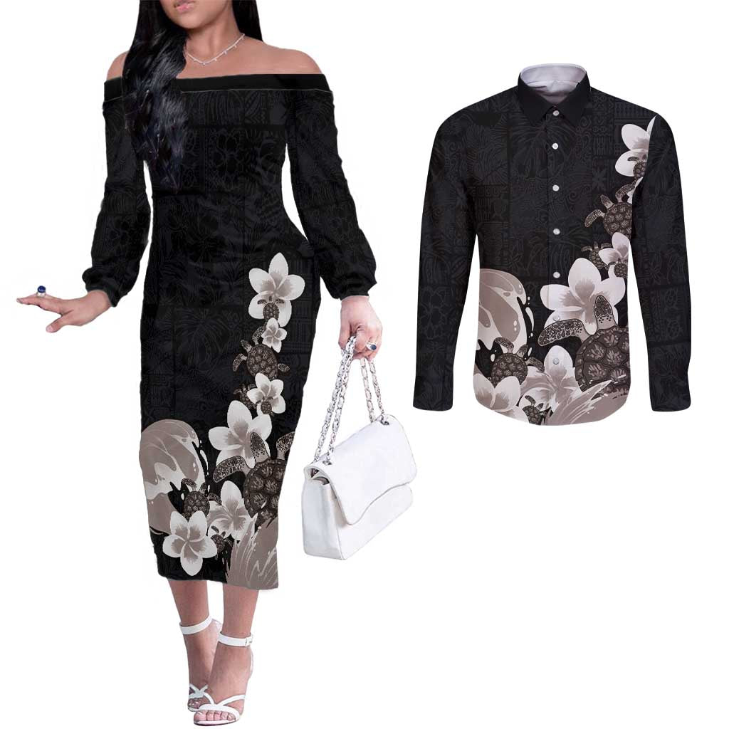 Hawaiian Plumeria and Turtle Couples Matching Off The Shoulder Long Sleeve Dress and Long Sleeve Button Shirt with Polynesian Tribal Art Pattern Grayscale Color