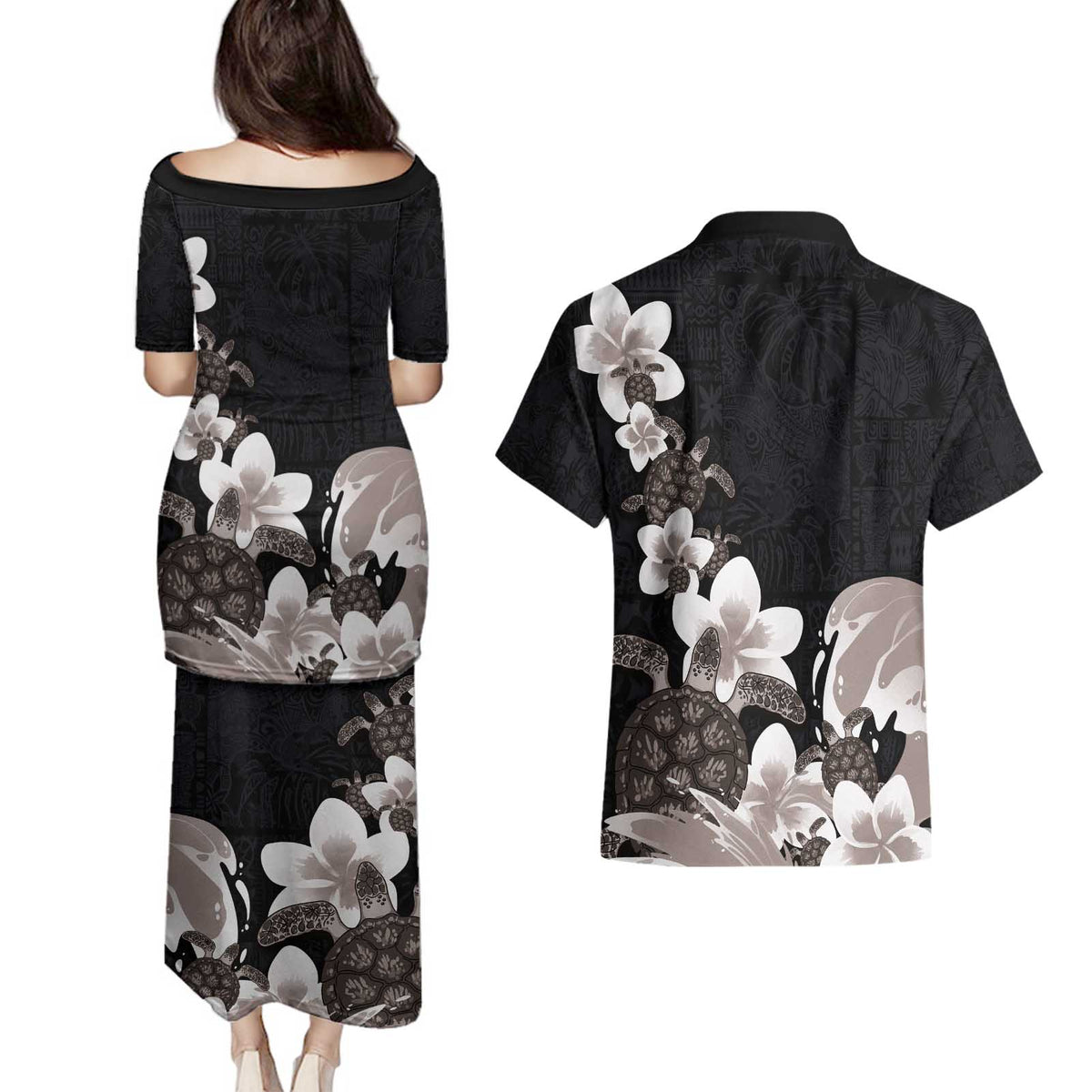 Hawaiian Plumeria and Turtle Couples Matching Puletasi and Hawaiian Shirt with Polynesian Tribal Art Pattern Grayscale Color LT03 - Polynesian Pride
