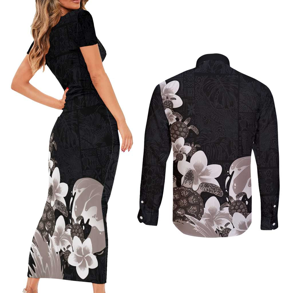 Hawaiian Plumeria and Turtle Couples Matching Short Sleeve Bodycon Dress and Long Sleeve Button Shirt with Polynesian Tribal Art Pattern Grayscale Color