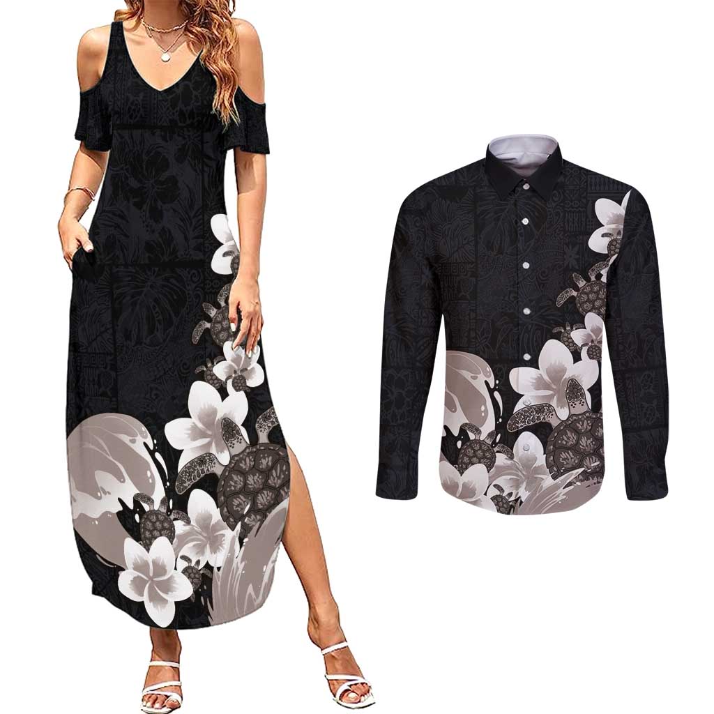 Hawaiian Plumeria and Turtle Couples Matching Summer Maxi Dress and Long Sleeve Button Shirt with Polynesian Tribal Art Pattern Grayscale Color