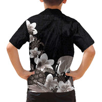 Hawaiian Plumeria and Turtle Family Matching Off Shoulder Maxi Dress and Hawaiian Shirt with Polynesian Tribal Art Pattern Grayscale Color