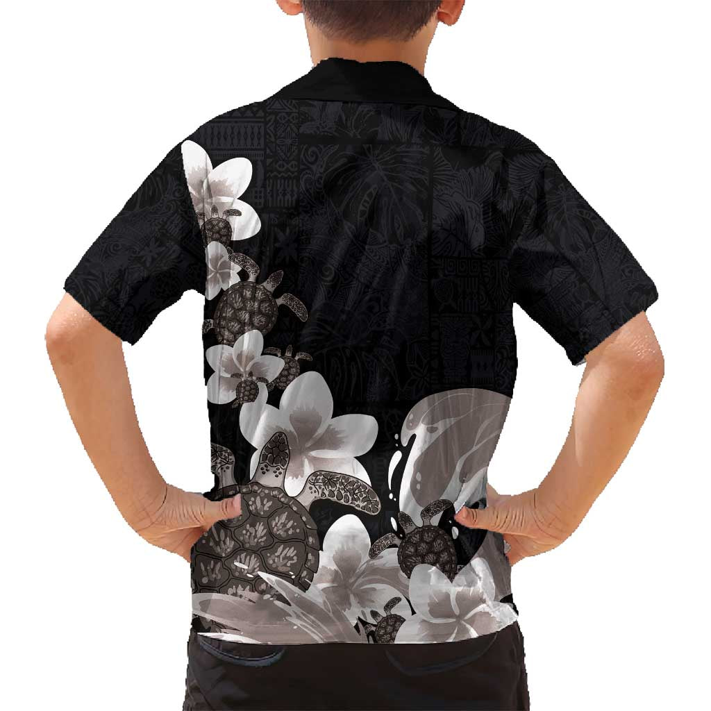 Hawaiian Plumeria and Turtle Family Matching Puletasi and Hawaiian Shirt with Polynesian Tribal Art Pattern Grayscale Color
