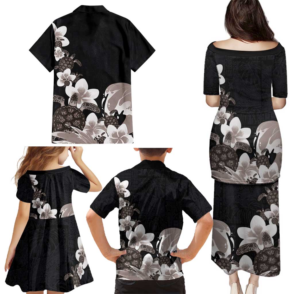 Hawaiian Plumeria and Turtle Family Matching Puletasi and Hawaiian Shirt with Polynesian Tribal Art Pattern Grayscale Color