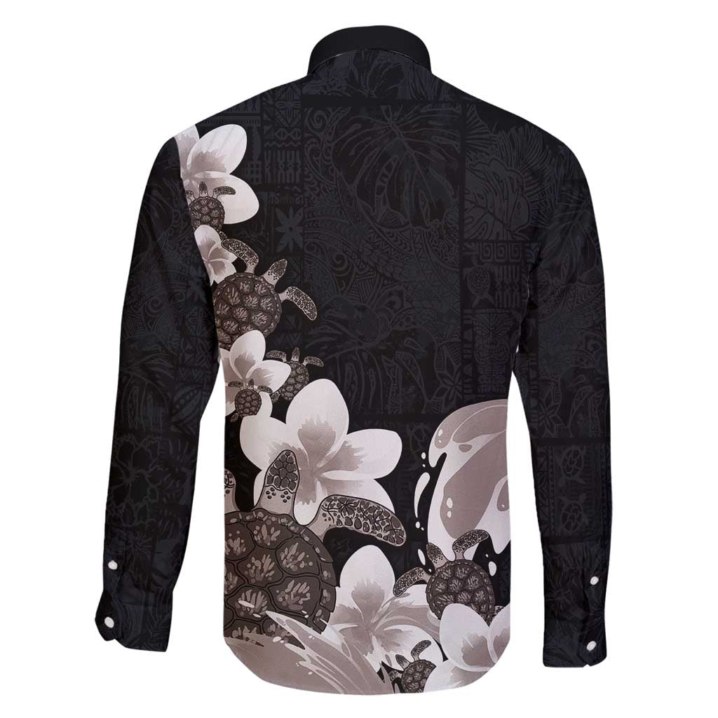 Hawaiian Plumeria and Turtle Family Matching Puletasi and Hawaiian Shirt with Polynesian Tribal Art Pattern Grayscale Color