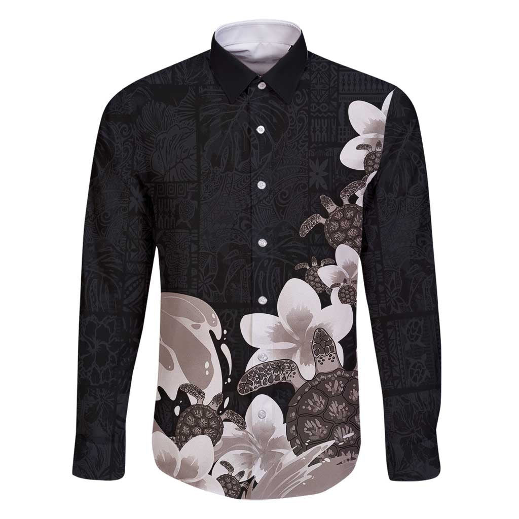 Hawaiian Plumeria and Turtle Family Matching Summer Maxi Dress and Hawaiian Shirt with Polynesian Tribal Art Pattern Grayscale Color