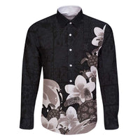 Hawaiian Plumeria and Turtle Family Matching Summer Maxi Dress and Hawaiian Shirt with Polynesian Tribal Art Pattern Grayscale Color