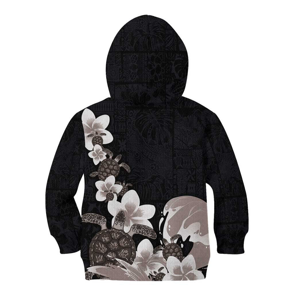 Hawaiian Plumeria and Turtle Kid Hoodie with Polynesian Tribal Art Pattern Grayscale Color LT03 - Polynesian Pride