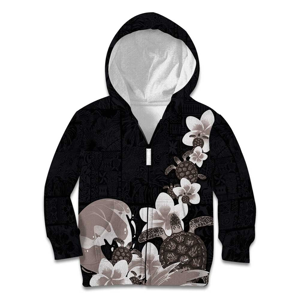 Hawaiian Plumeria and Turtle Kid Hoodie with Polynesian Tribal Art Pattern Grayscale Color LT03 Zip Hoodie Black - Polynesian Pride