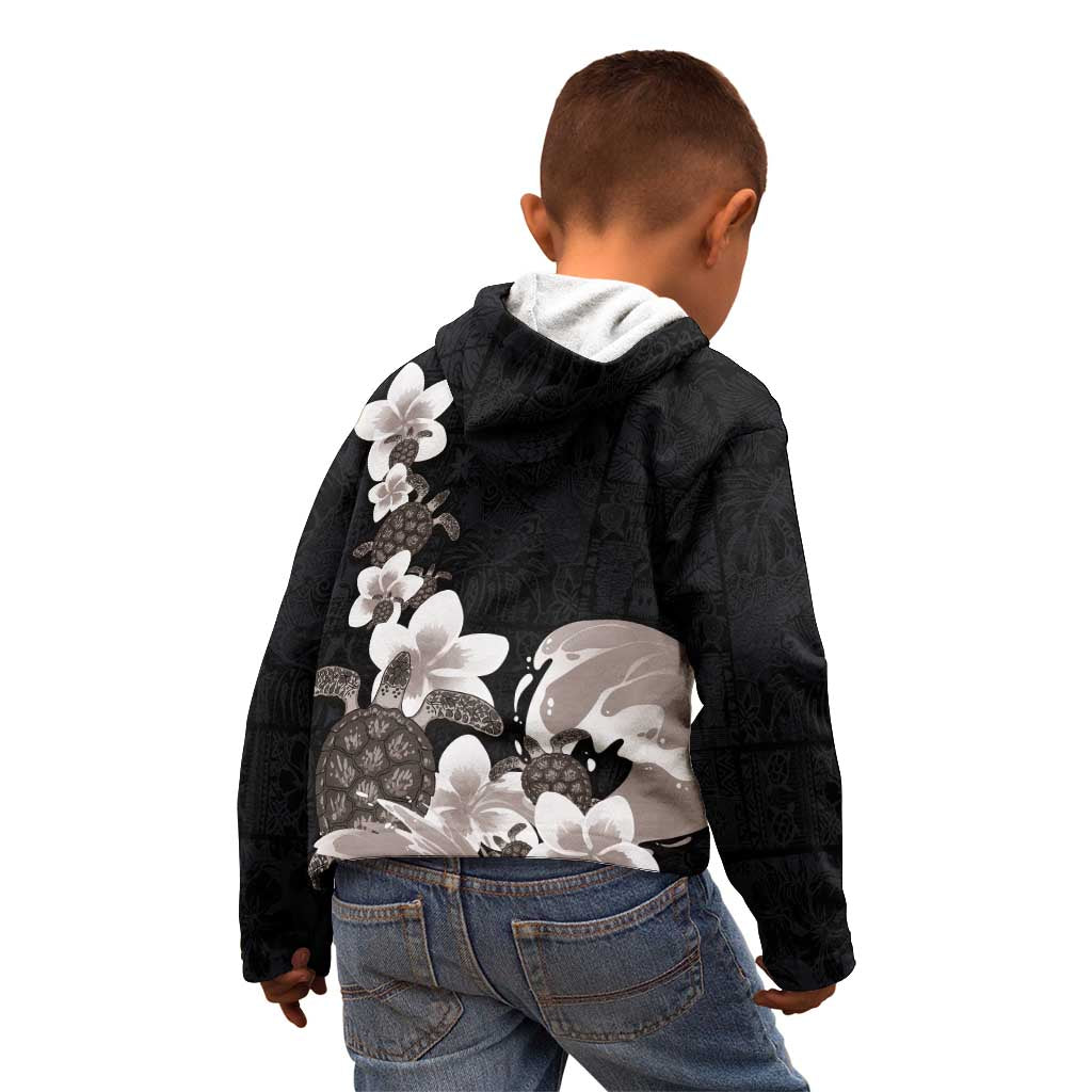 Hawaiian Plumeria and Turtle Kid Hoodie with Polynesian Tribal Art Pattern Grayscale Color LT03 - Polynesian Pride
