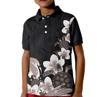 Hawaiian Plumeria and Turtle Kid Polo Shirt with Polynesian Tribal Art Pattern Grayscale Color LT03 Kid Black - Polynesian Pride
