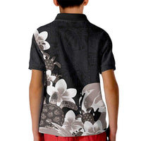 Hawaiian Plumeria and Turtle Kid Polo Shirt with Polynesian Tribal Art Pattern Grayscale Color LT03 - Polynesian Pride