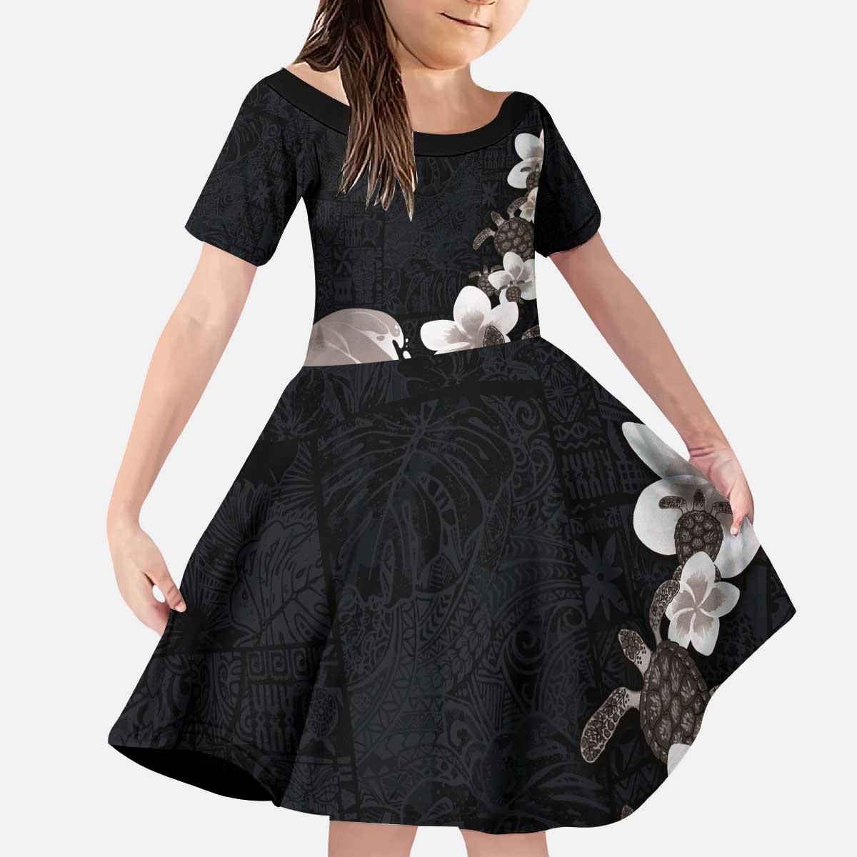 Hawaiian Plumeria and Turtle Kid Short Sleeve Dress with Polynesian Tribal Art Pattern Grayscale Color LT03 KID Black - Polynesian Pride