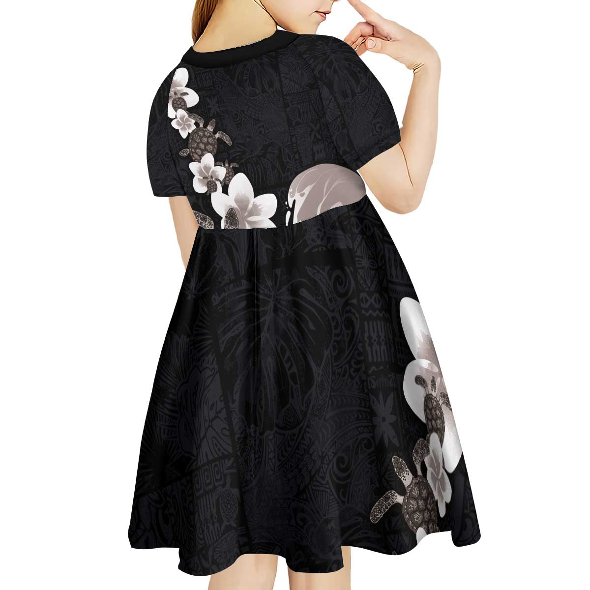 Hawaiian Plumeria and Turtle Kid Short Sleeve Dress with Polynesian Tribal Art Pattern Grayscale Color LT03 - Polynesian Pride
