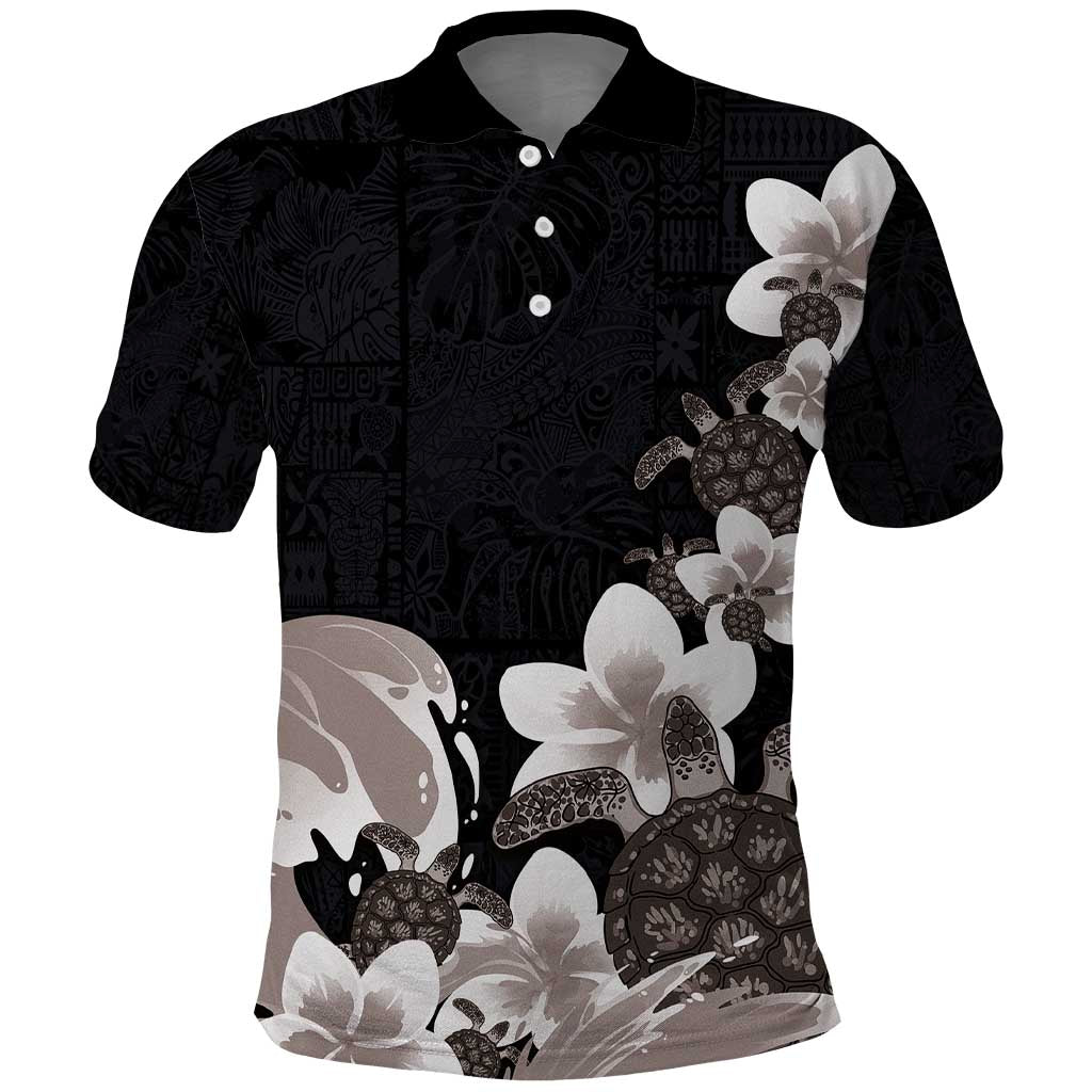 Hawaiian Plumeria and Turtle Polo Shirt with Polynesian Tribal Art Pattern Grayscale Color LT03 Black - Polynesian Pride