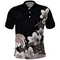 Hawaiian Plumeria and Turtle Polo Shirt with Polynesian Tribal Art Pattern Grayscale Color LT03 Black - Polynesian Pride