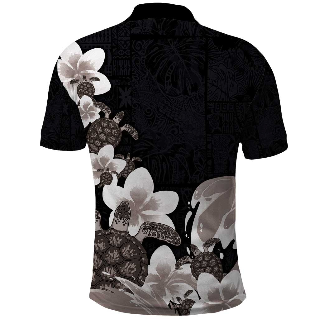 Hawaiian Plumeria and Turtle Polo Shirt with Polynesian Tribal Art Pattern Grayscale Color LT03 - Polynesian Pride