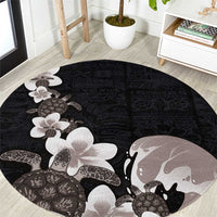 Hawaiian Plumeria and Turtle Round Carpet with Polynesian Tribal Art Pattern Grayscale Color LT03 Black - Polynesian Pride