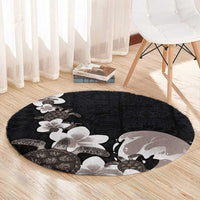 Hawaiian Plumeria and Turtle Round Carpet with Polynesian Tribal Art Pattern Grayscale Color LT03 - Polynesian Pride