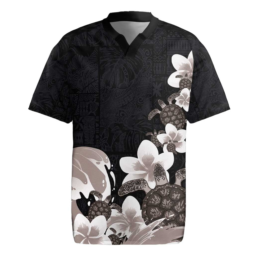 Hawaiian Plumeria and Turtle Rugby Jersey with Polynesian Tribal Art Pattern Grayscale Color