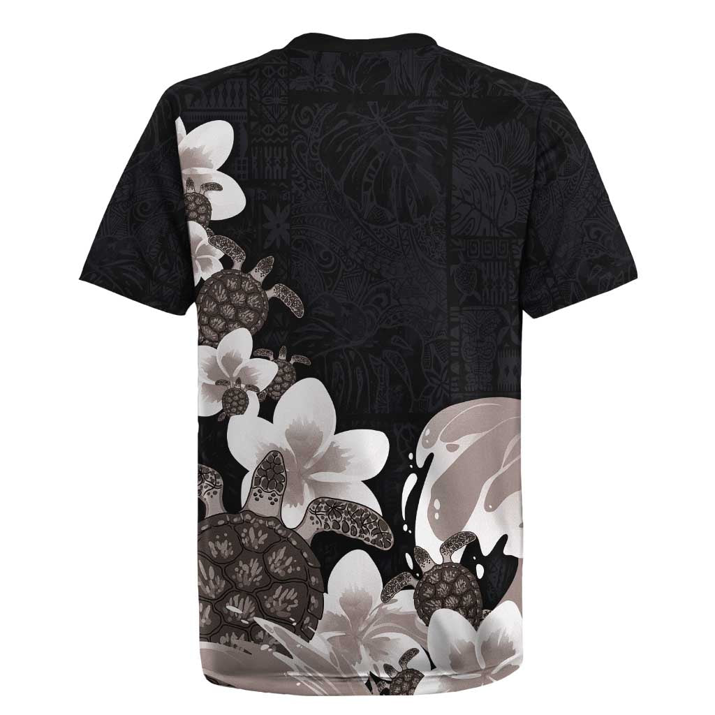 Hawaiian Plumeria and Turtle Rugby Jersey with Polynesian Tribal Art Pattern Grayscale Color
