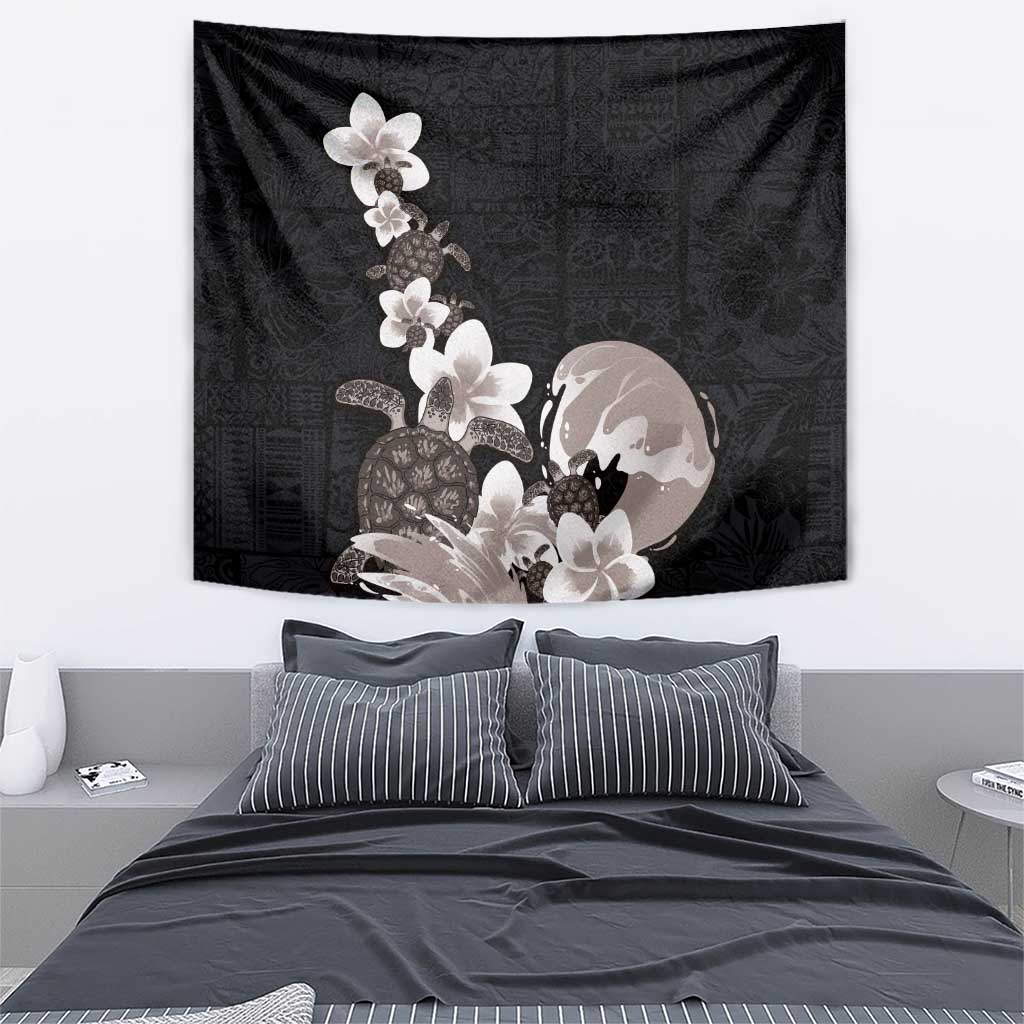 Hawaiian Plumeria and Turtle Tapestry with Polynesian Tribal Art Pattern Grayscale Color LT03 - Polynesian Pride