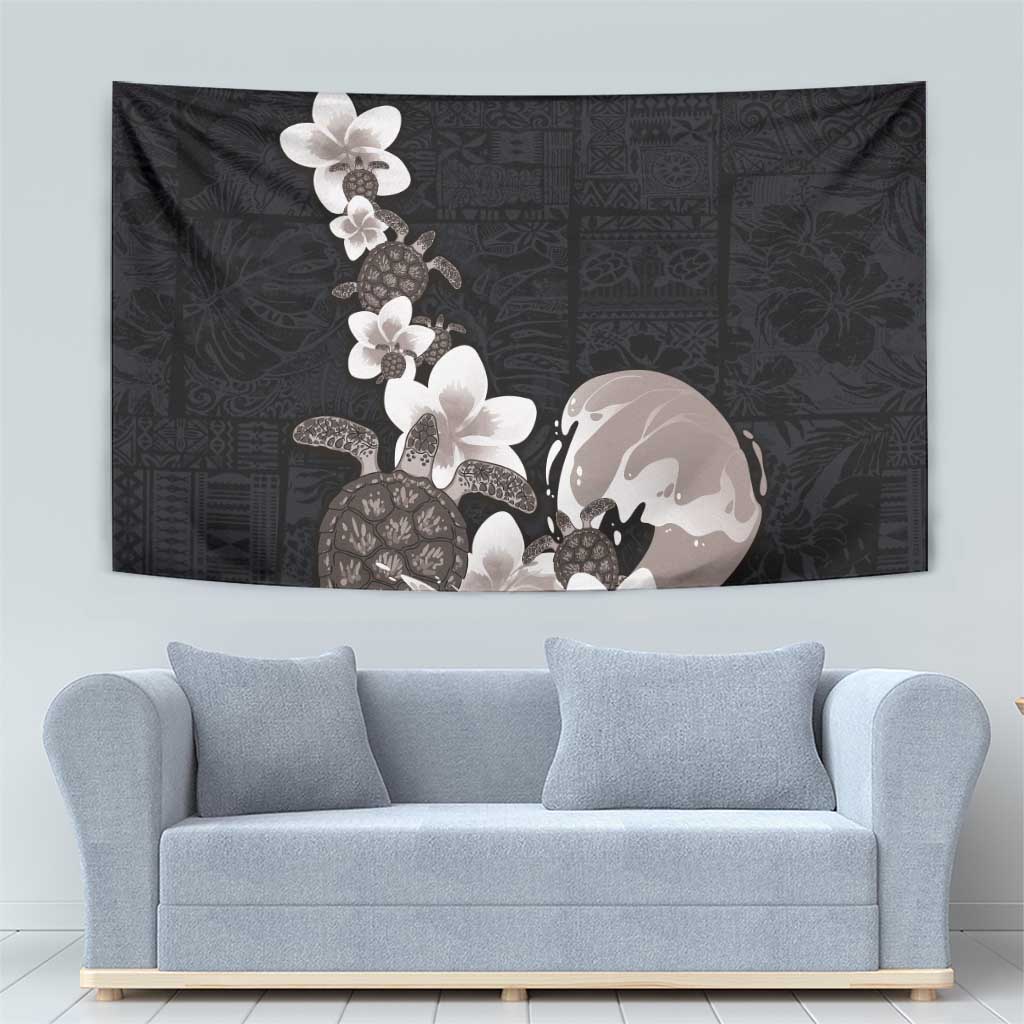 Hawaiian Plumeria and Turtle Tapestry with Polynesian Tribal Art Pattern Grayscale Color LT03 - Polynesian Pride