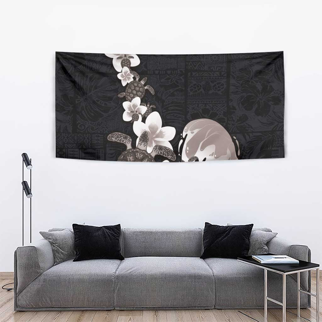 Hawaiian Plumeria and Turtle Tapestry with Polynesian Tribal Art Pattern Grayscale Color LT03 - Polynesian Pride