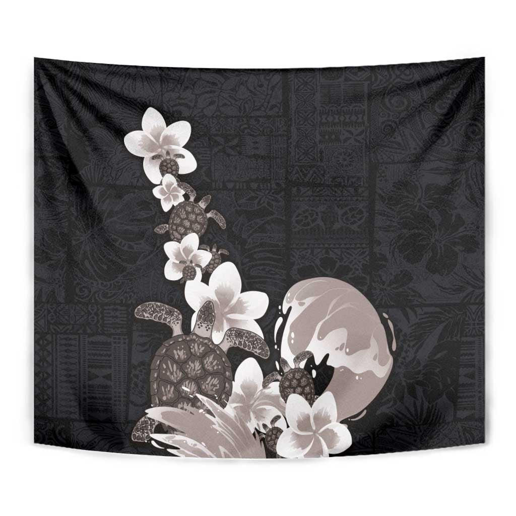 Hawaiian Plumeria and Turtle Tapestry with Polynesian Tribal Art Pattern Grayscale Color LT03 - Polynesian Pride