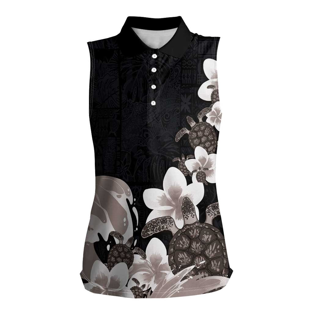 Hawaiian Plumeria and Turtle Women Sleeveless Polo Shirt with Polynesian Tribal Art Pattern Grayscale Color LT03 Female Black - Polynesian Pride